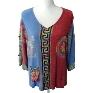 Shaybali Women's Long Sleeve Blue & Red Rayon Shirt Size XL